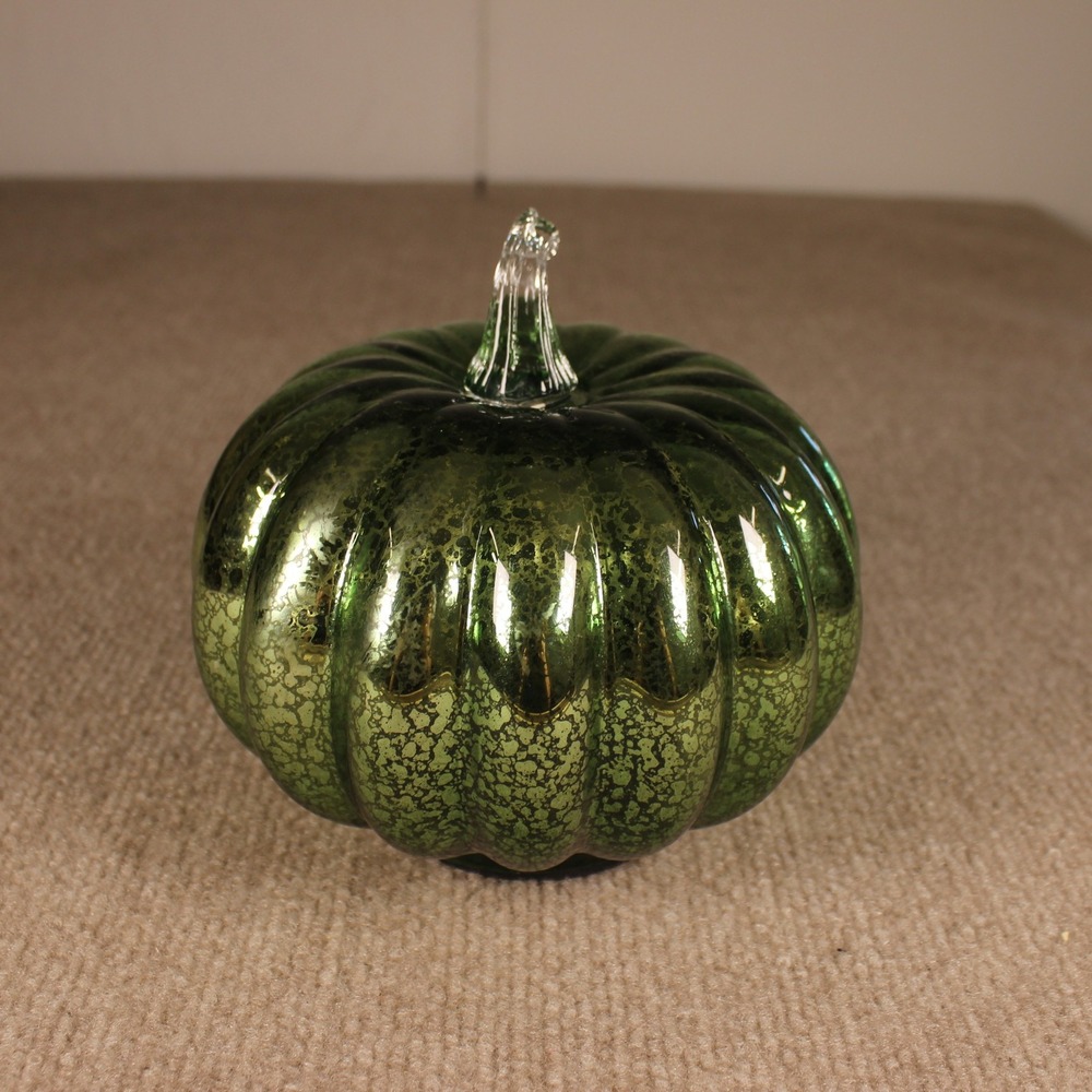Green Glass Pumpkin Ribbed Harvest Autumn Decor with Clear Stem 6in